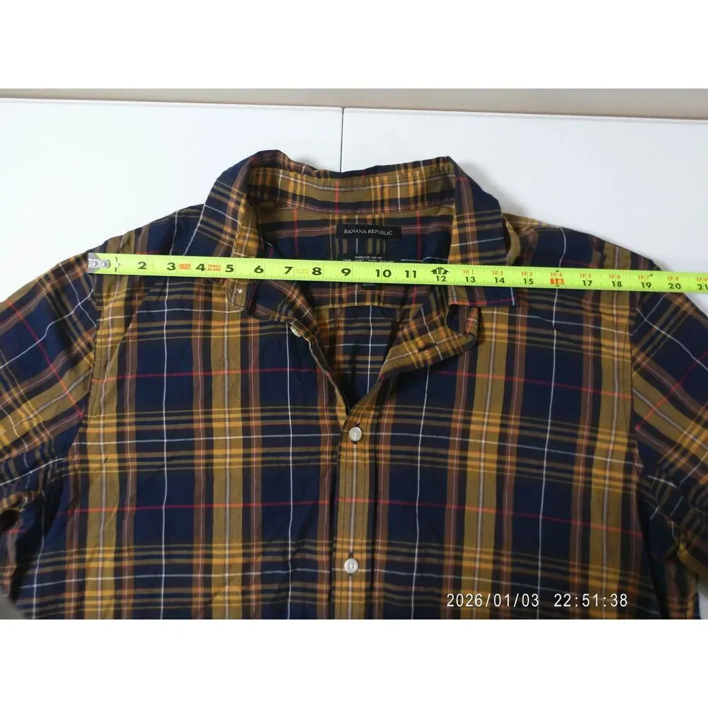 Banana Republic XL Tall Slim Fit Plaid Shirt Navy Gold Untucked Cotton Men's